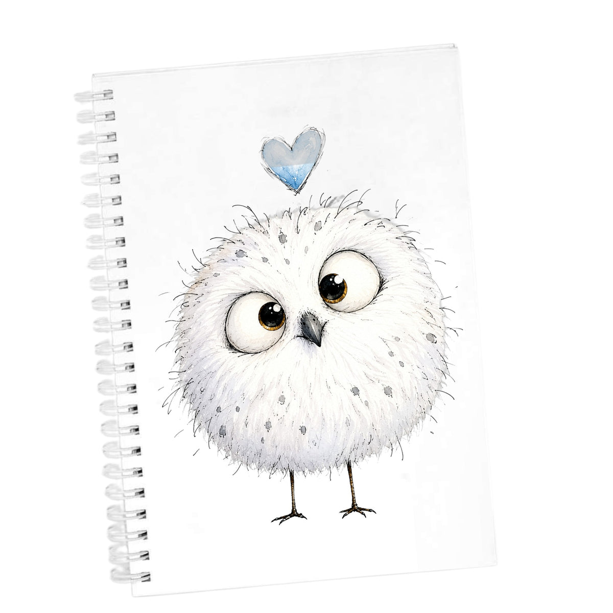 Round White Owl UV DTF sticker applied to the cover of a white spiral journal