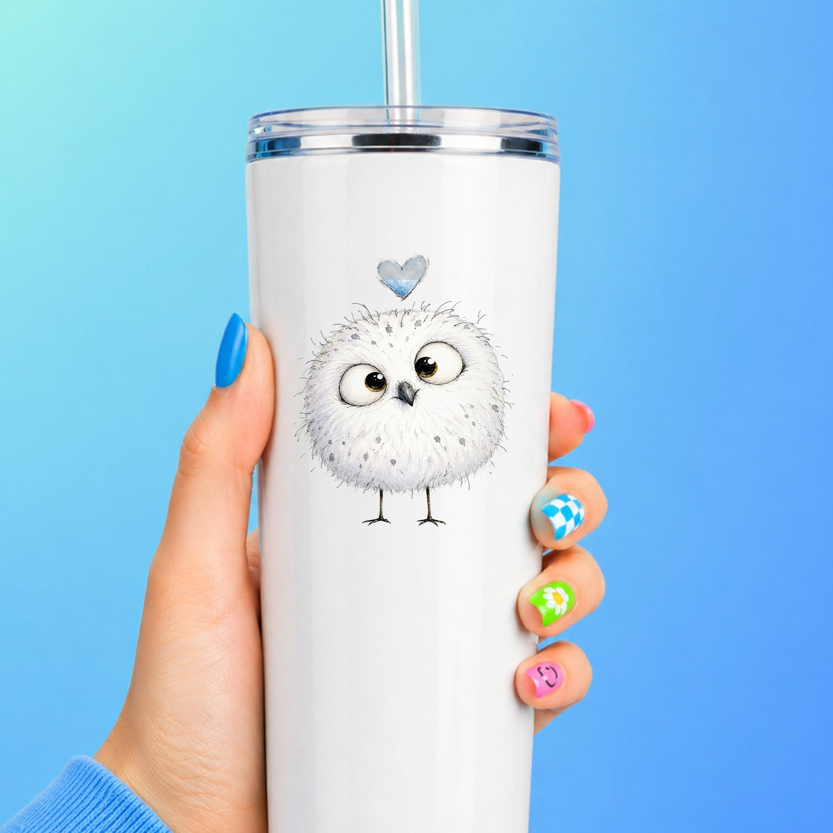 Round White Owl UV DTF sticker applied to a white straw tumbler on a blue background