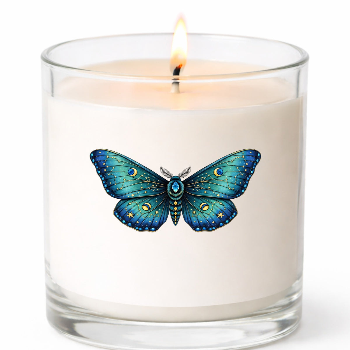 Teal Celestial Moth UV DTF sticker applied to a white candle in a clear glass jar