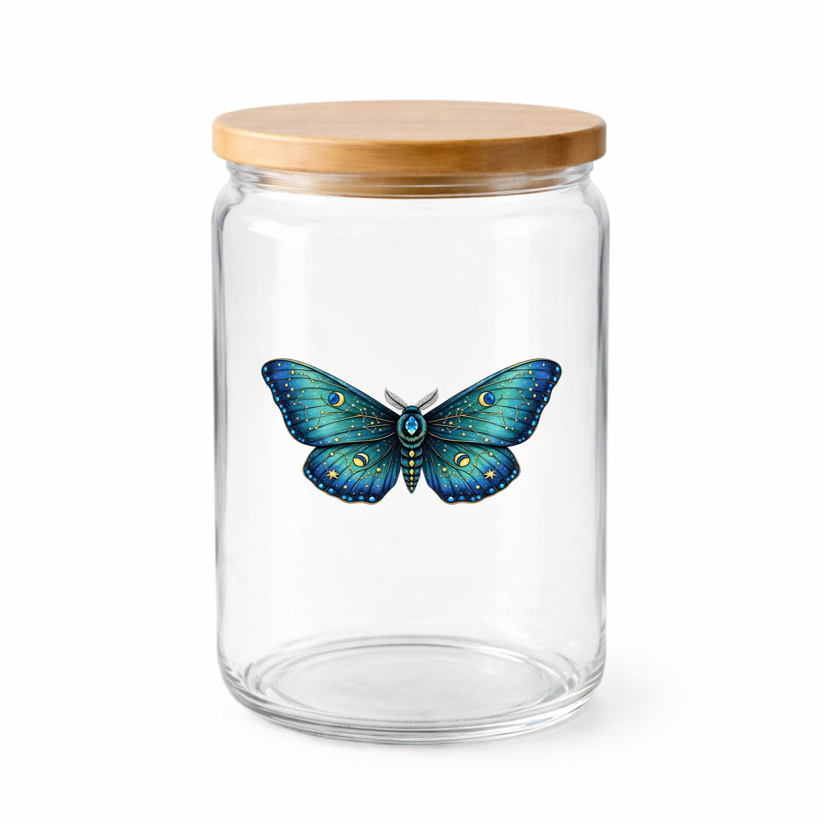 Teal Celestial Moth UV DTF sticker applied to a clear glass jar with a wooden lid