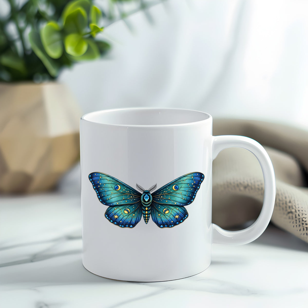 Teal Celestial Moth UV DTF sticker applied to a white coffee mug