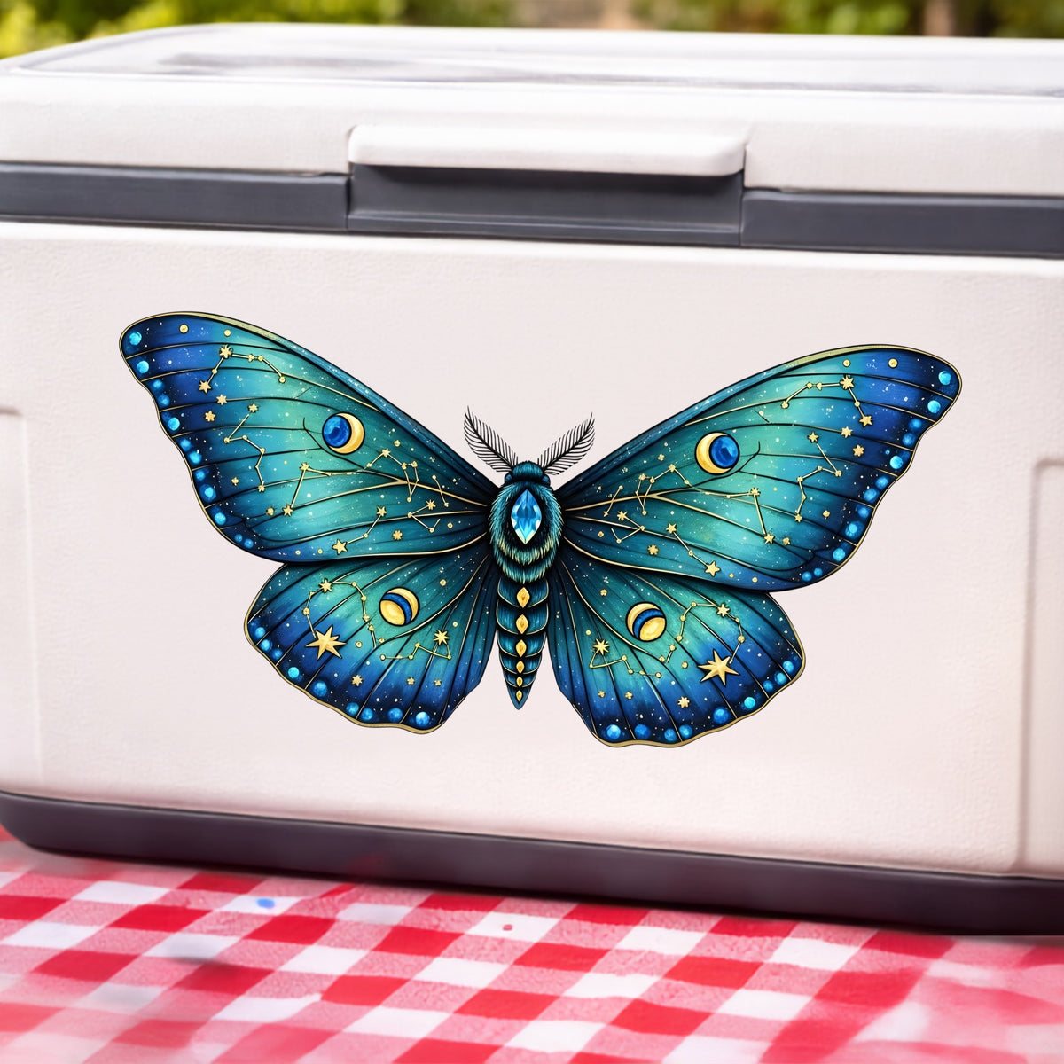 Teal Celestial Moth UV DTF sticker applied to a white cooler on a red gingham cloth