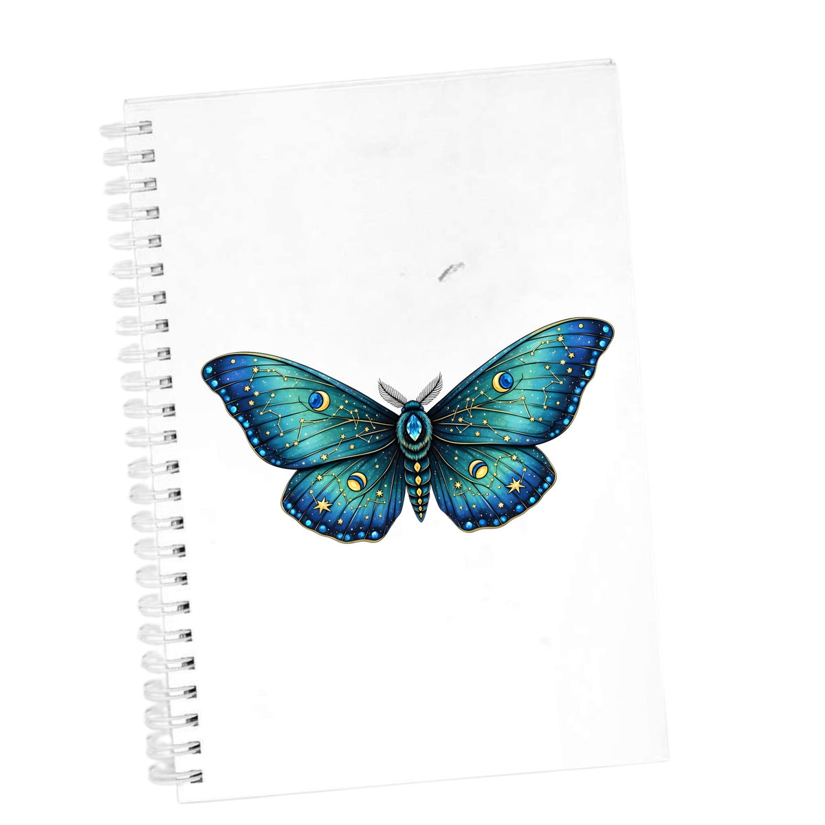 Teal Celestial Moth UV DTF sticker applied to the cover of a white spiral journal