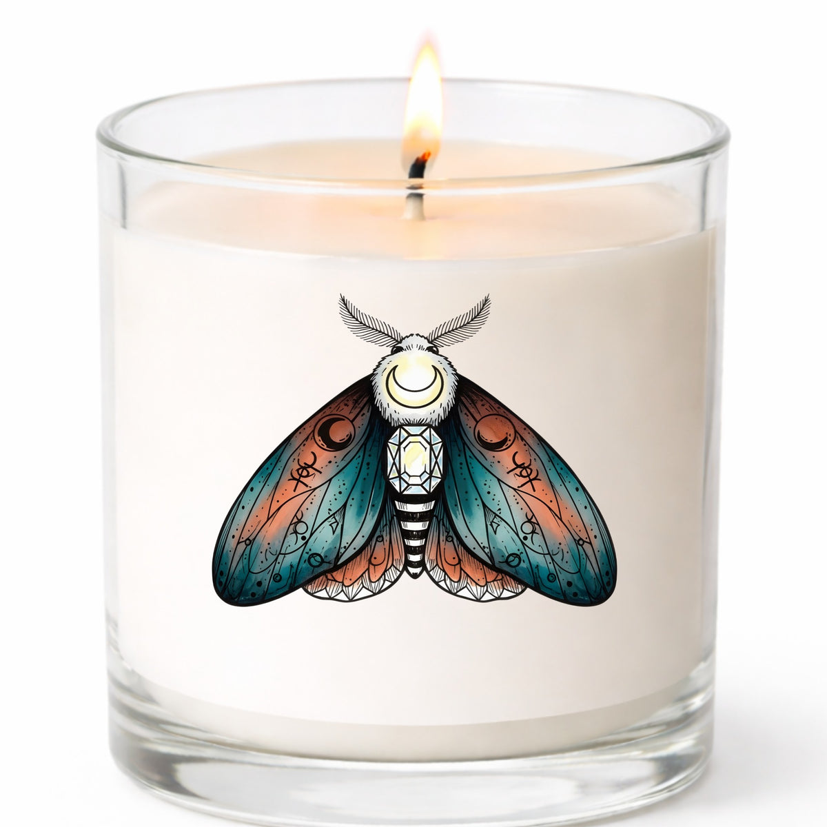 Coral Teal Crescent Moon Moth UV DTF sticker applied to a white candle in a clear glass jar