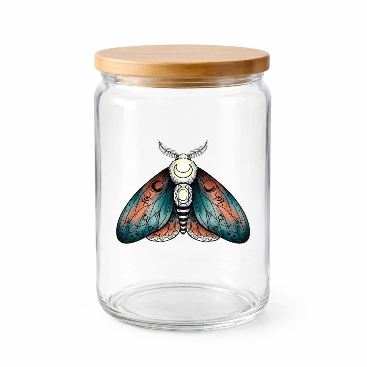 Coral Teal Crescent Moon Moth UV DTF sticker applied to a clear glass jar with a wooden lid