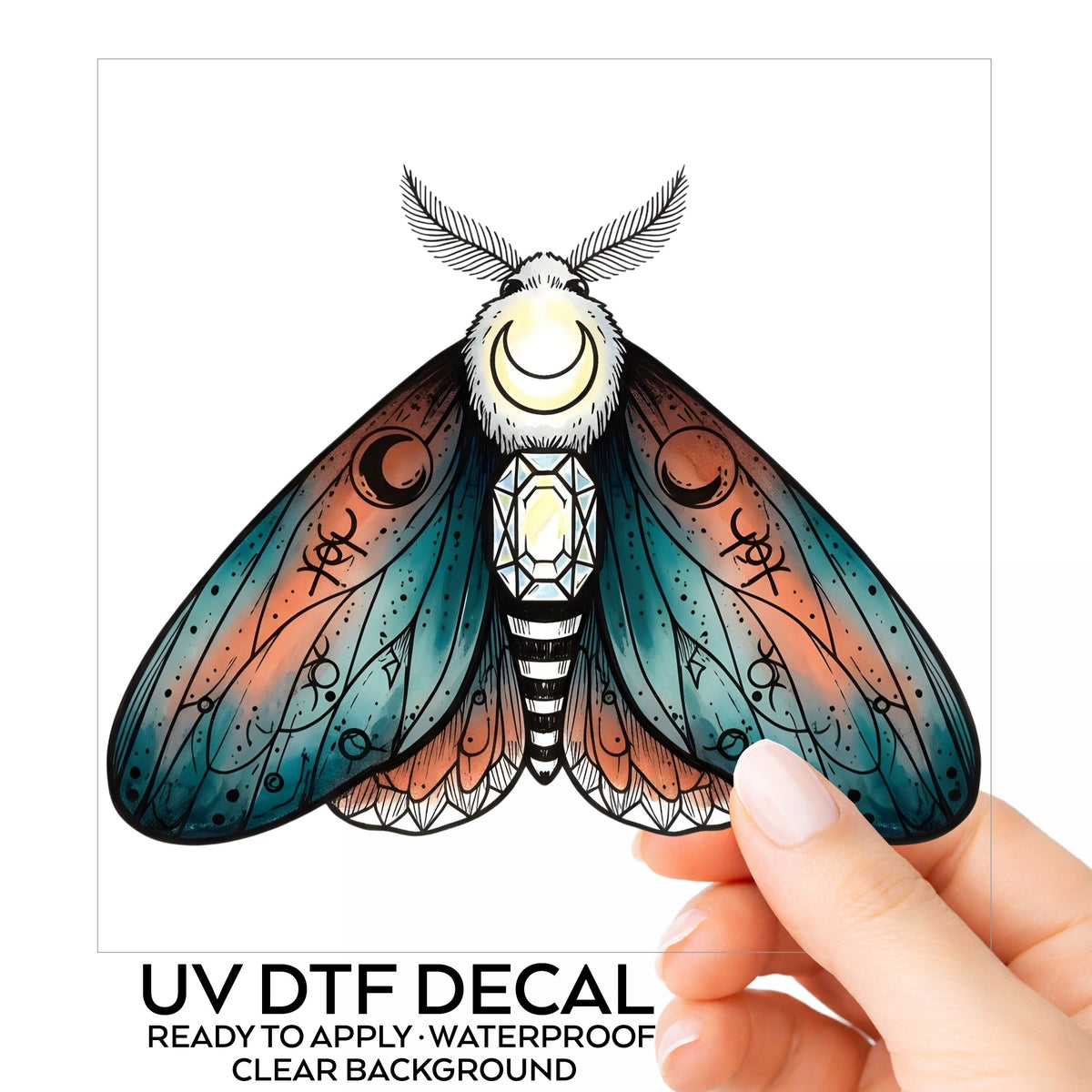 Coral Teal Crescent Moon Moth UV DTF sticker on its backing card, held in hand