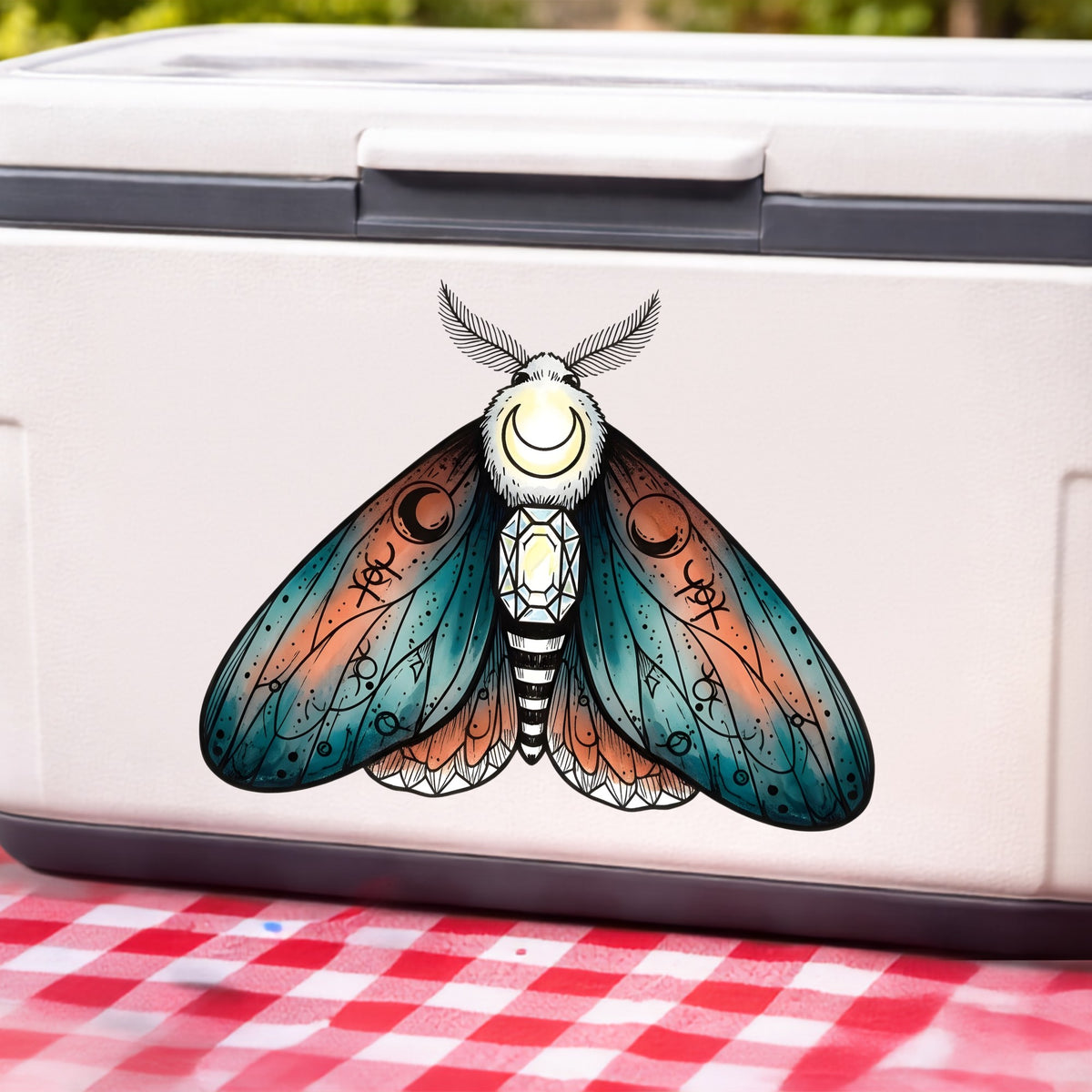 Coral Teal Crescent Moon Moth UV DTF sticker applied to a white cooler on a red gingham cloth