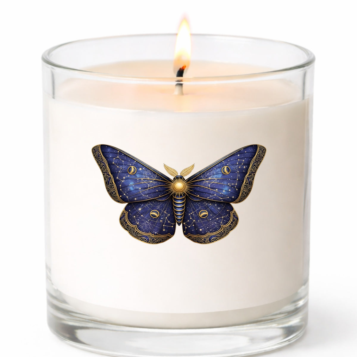 Navy Constellation Moth UV DTF sticker applied to a white candle in a clear glass jar
