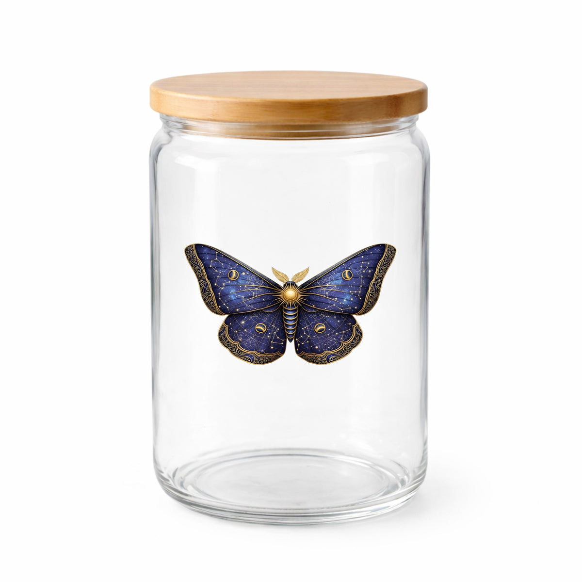 Navy Constellation Moth UV DTF sticker applied to a clear glass jar with a wooden lid
