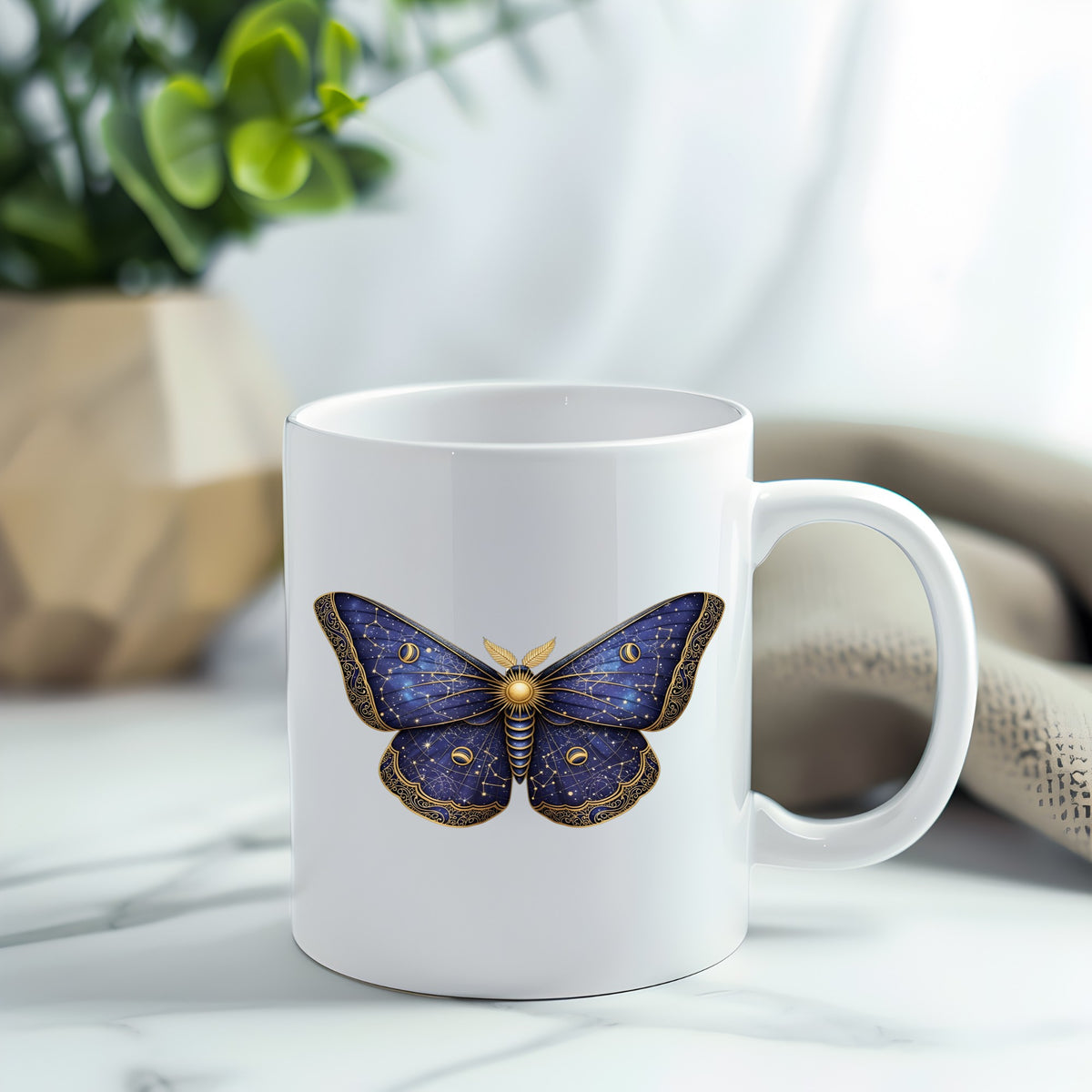 Navy Constellation Moth UV DTF sticker applied to a white coffee mug