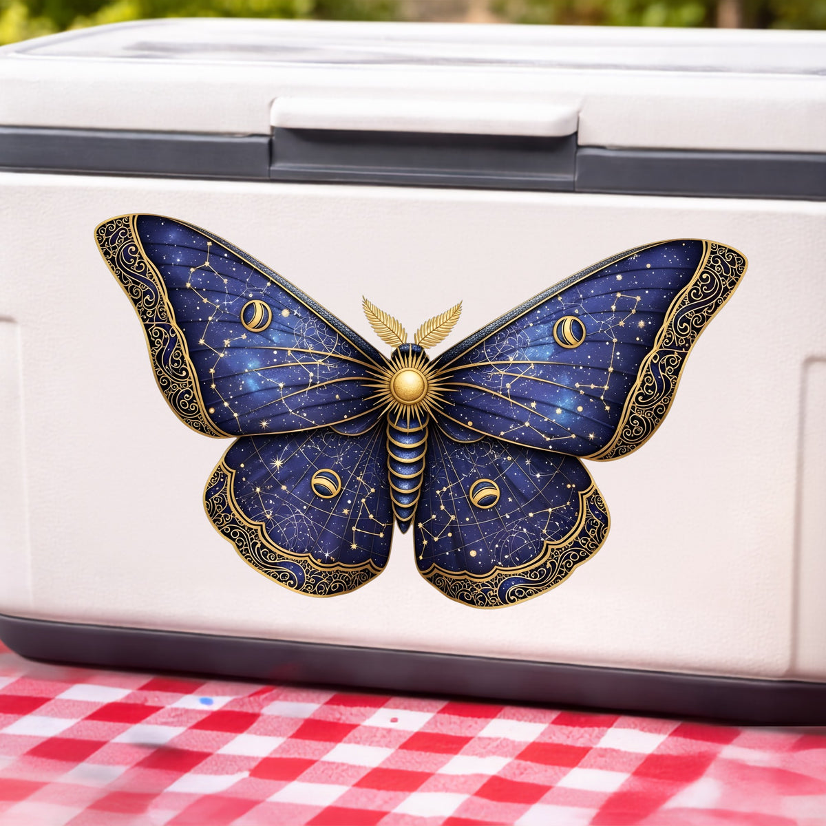 Navy Constellation Moth UV DTF sticker applied to a white cooler on a red gingham cloth