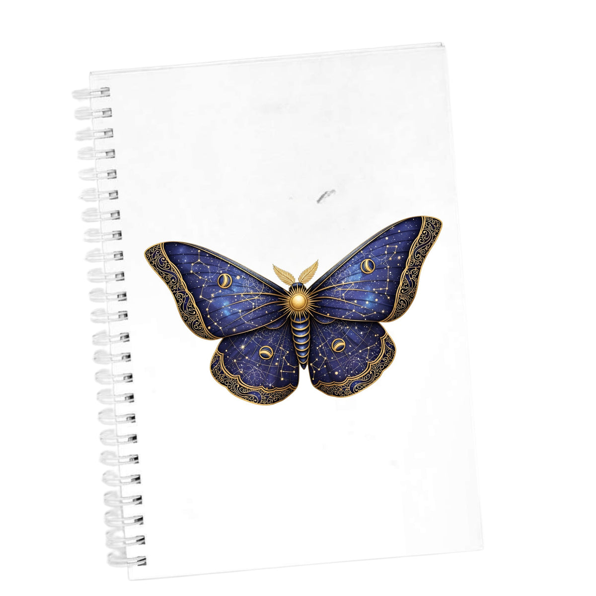 Navy Constellation Moth UV DTF sticker applied to the cover of a white spiral journal
