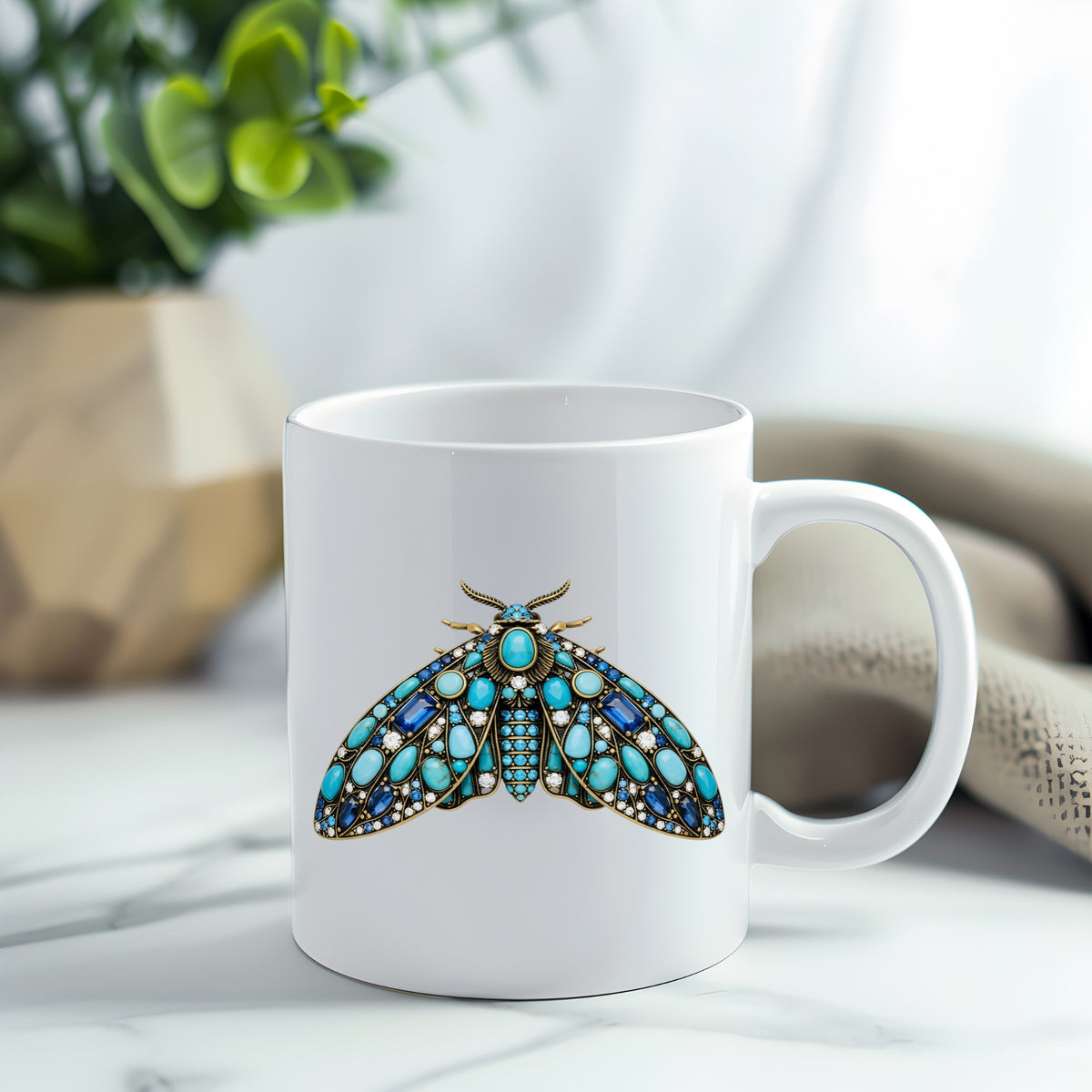 Turquoise Jeweled Moth UV DTF sticker applied to a white coffee mug