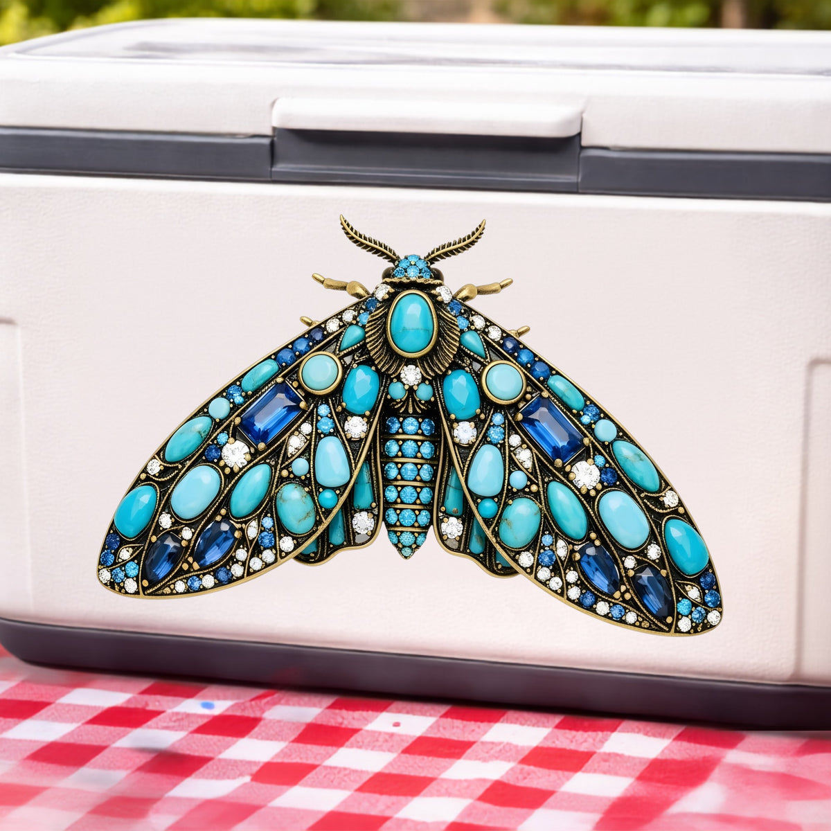 Turquoise Jeweled Moth UV DTF sticker applied to a white cooler on a red gingham cloth