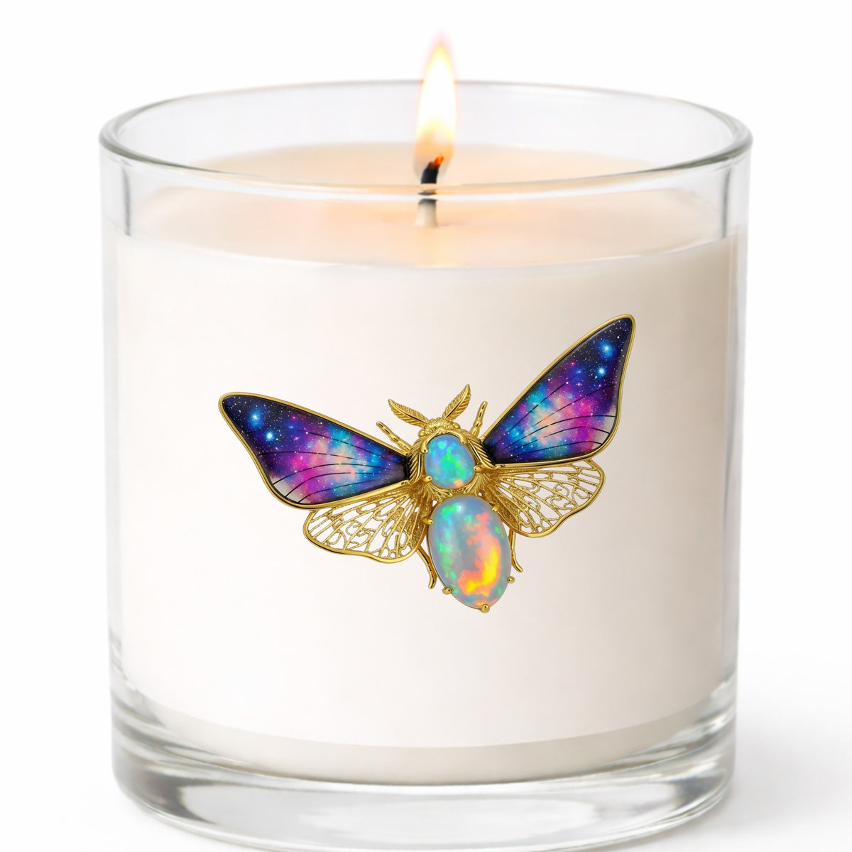 Opal Galaxy Moth UV DTF sticker applied to a white candle in a clear glass jar