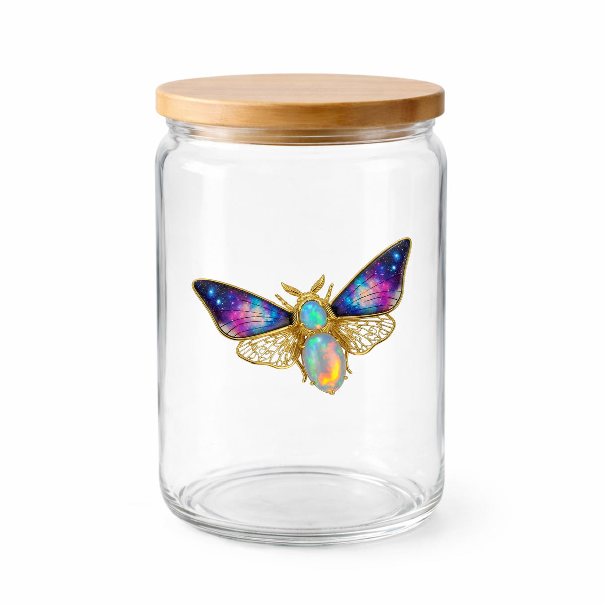 Opal Galaxy Moth UV DTF sticker applied to a clear glass jar with a wooden lid