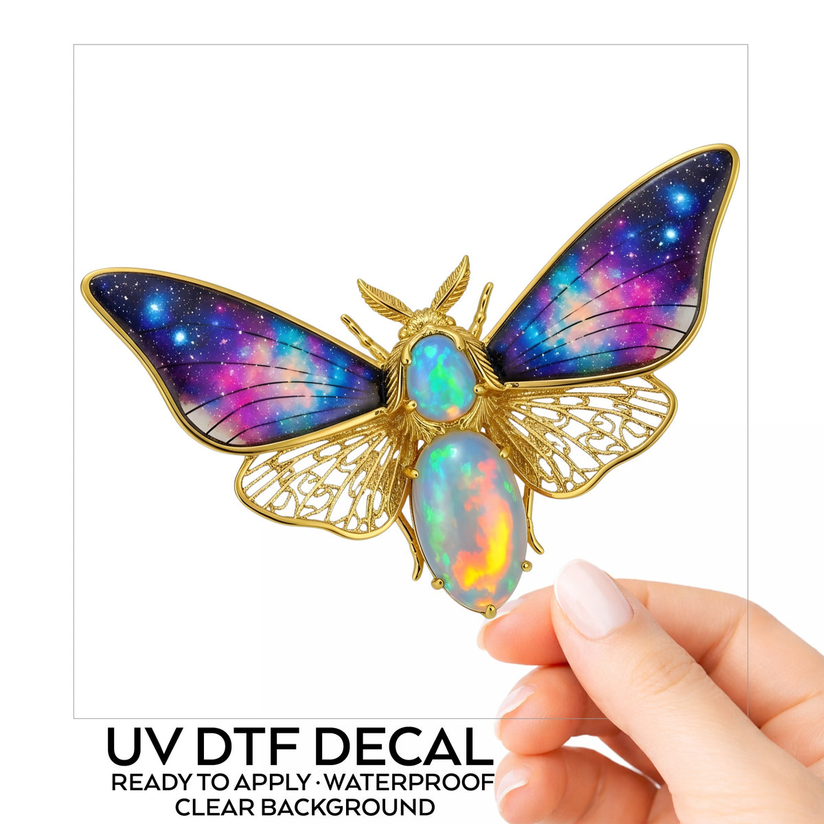 Opal Galaxy Moth UV DTF sticker on its backing card, held in hand
