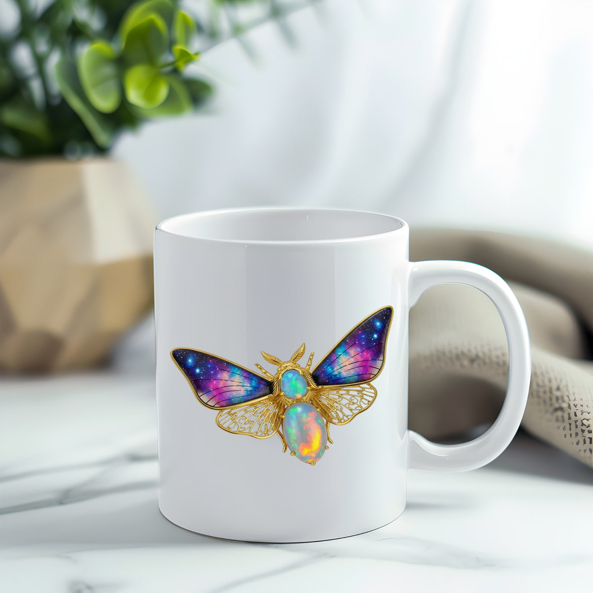 Opal Galaxy Moth UV DTF sticker applied to a white coffee mug