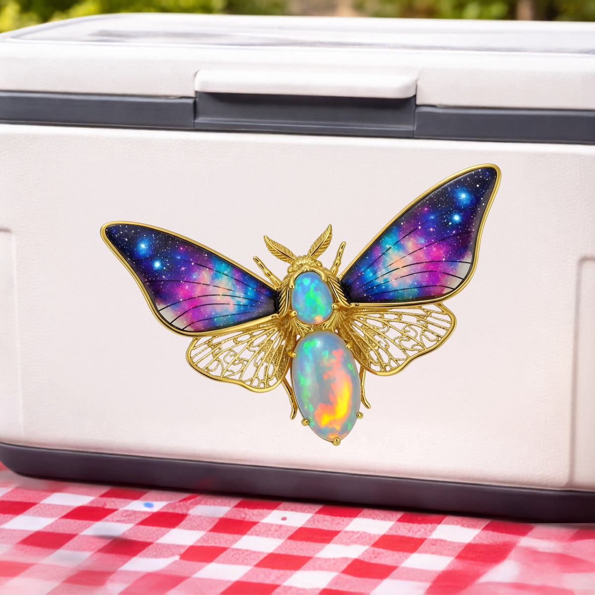 Opal Galaxy Moth UV DTF sticker applied to a white cooler on a red gingham cloth