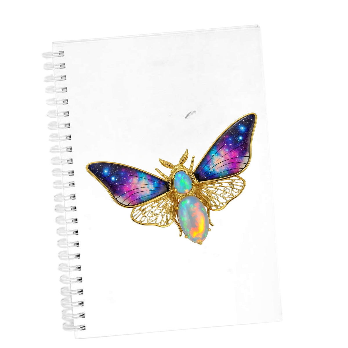 Opal Galaxy Moth UV DTF sticker applied to the cover of a white spiral journal