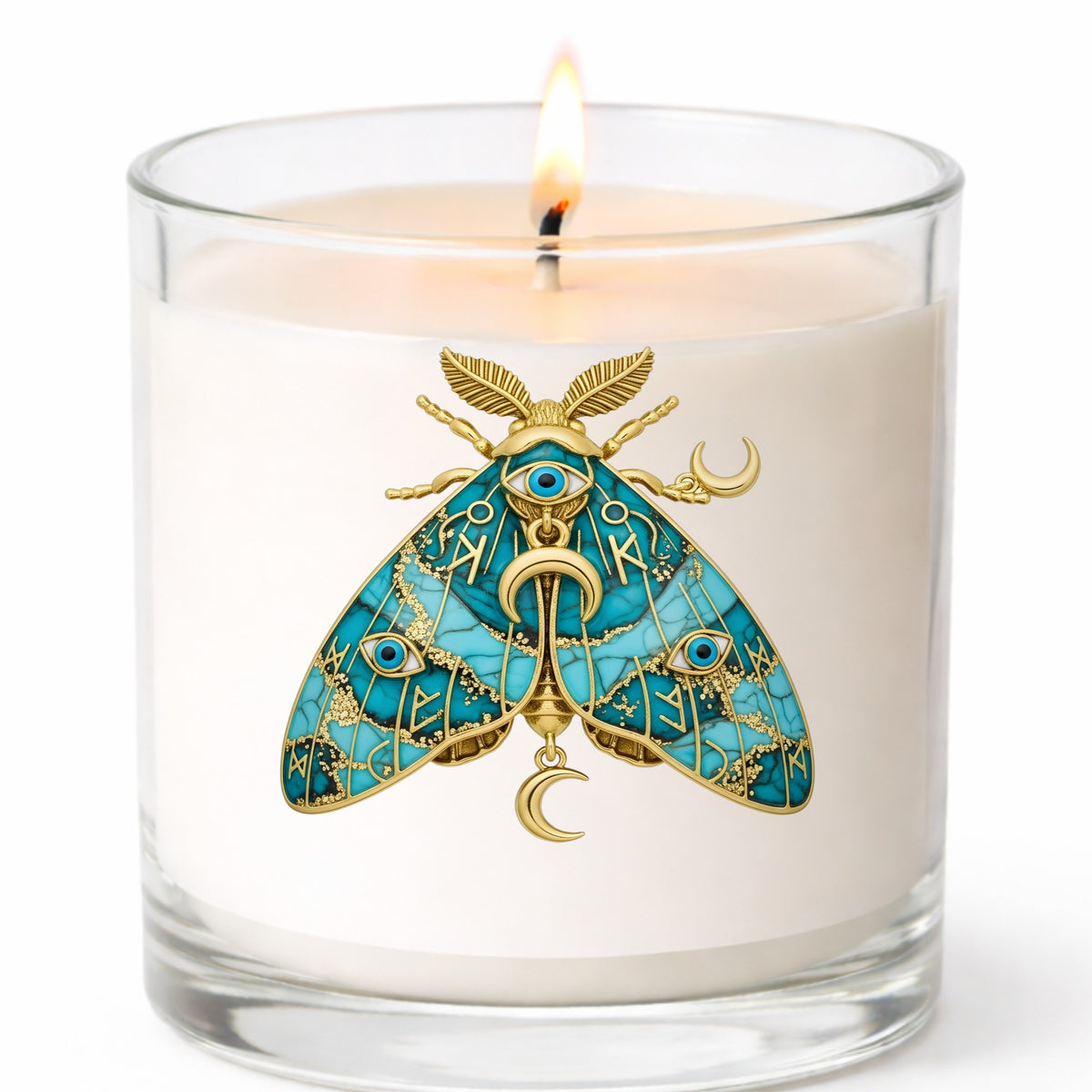 Teal Evil Eye Moth UV DTF sticker applied to a white candle in a clear glass jar
