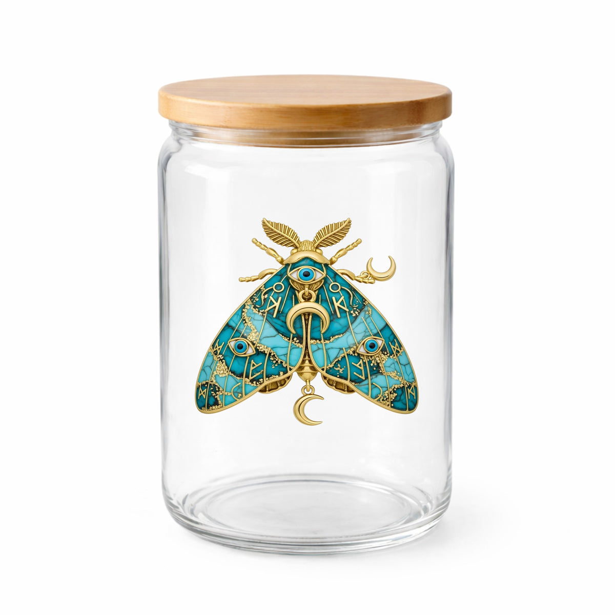 Teal Evil Eye Moth UV DTF sticker applied to a clear glass jar with a wooden lid