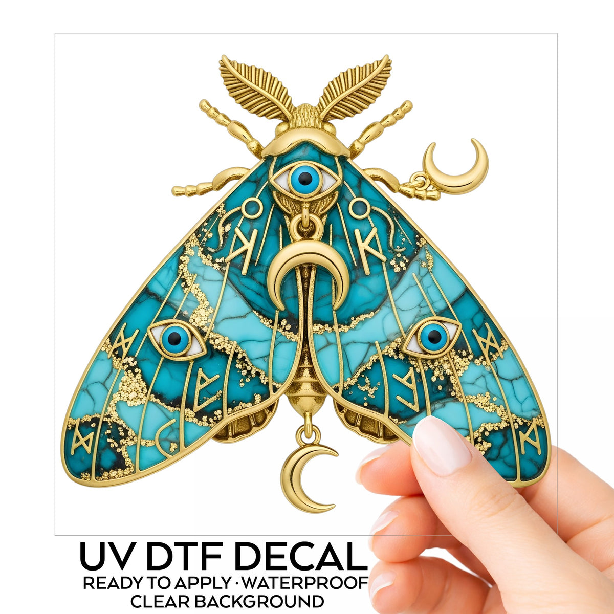 Teal Evil Eye Moth UV DTF sticker on its backing card, held in hand