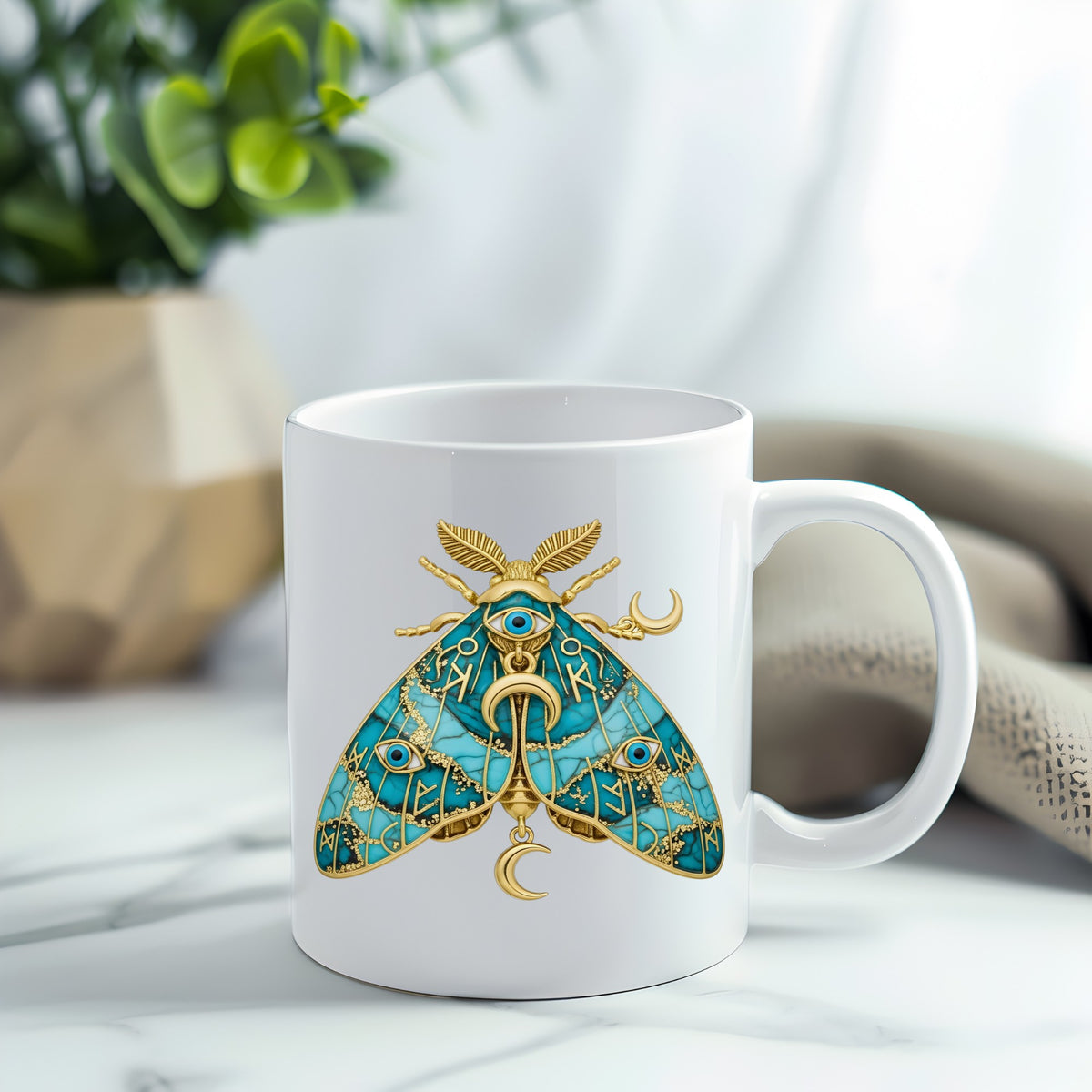 Teal Evil Eye Moth UV DTF sticker applied to a white coffee mug