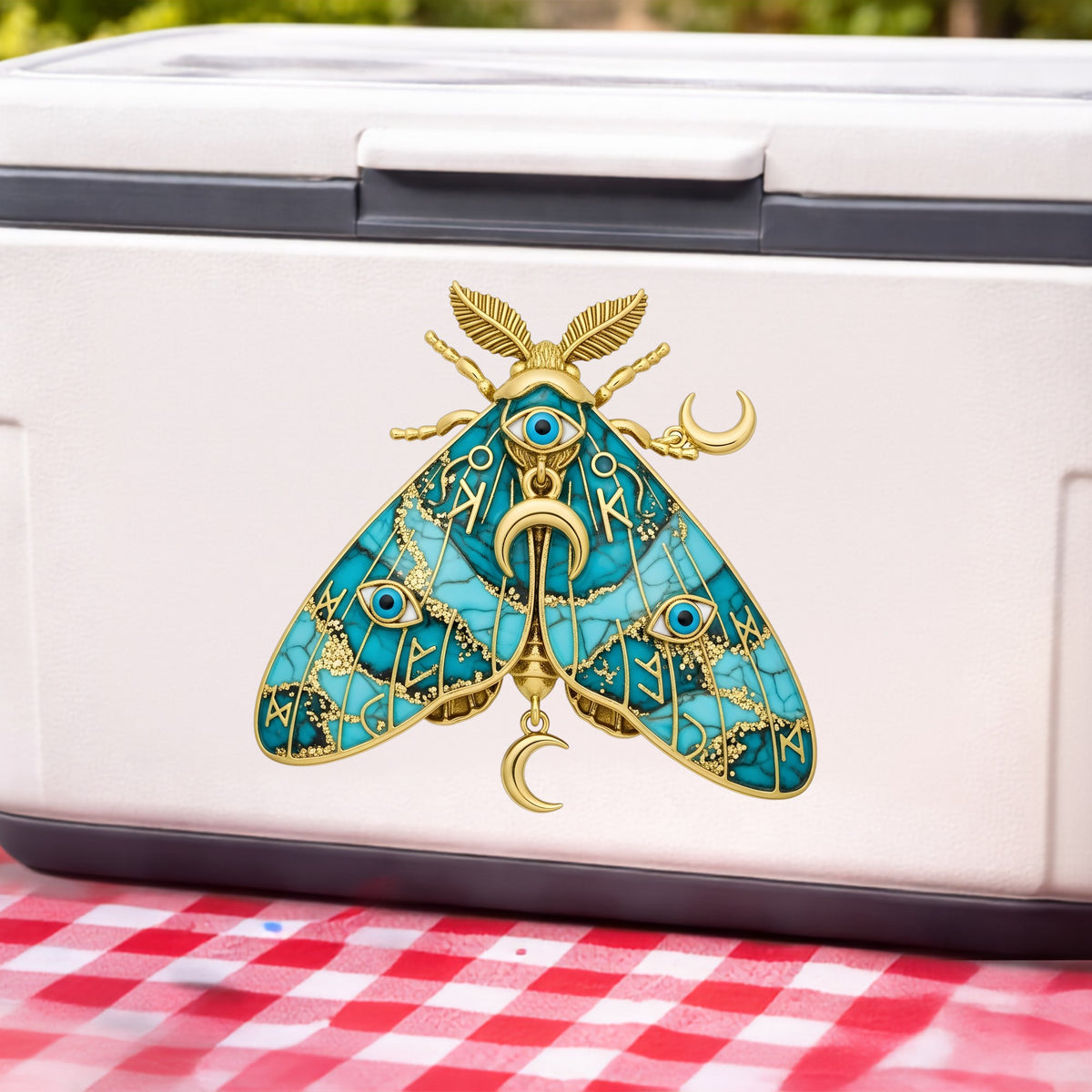 Teal Evil Eye Moth UV DTF sticker applied to a white cooler on a red gingham cloth