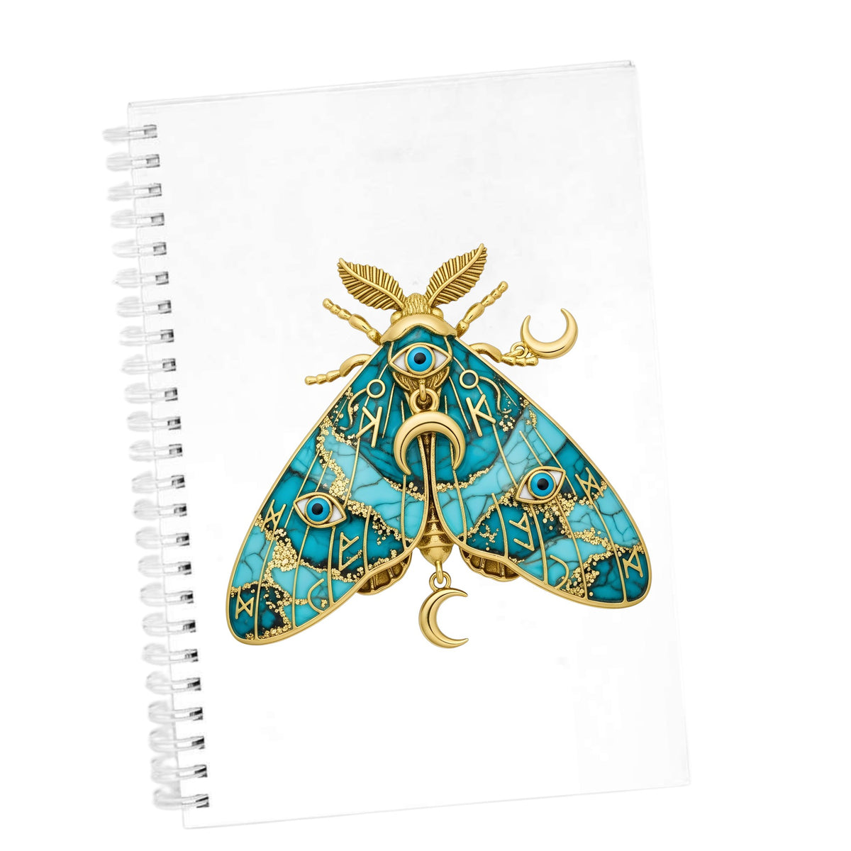 Teal Evil Eye Moth UV DTF sticker applied to the cover of a white spiral journal
