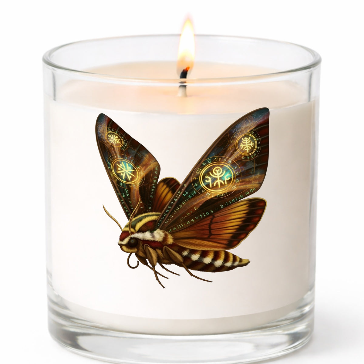 Brown Hawk Moth Glowing Runes UV DTF sticker applied to a white candle in a clear glass jar