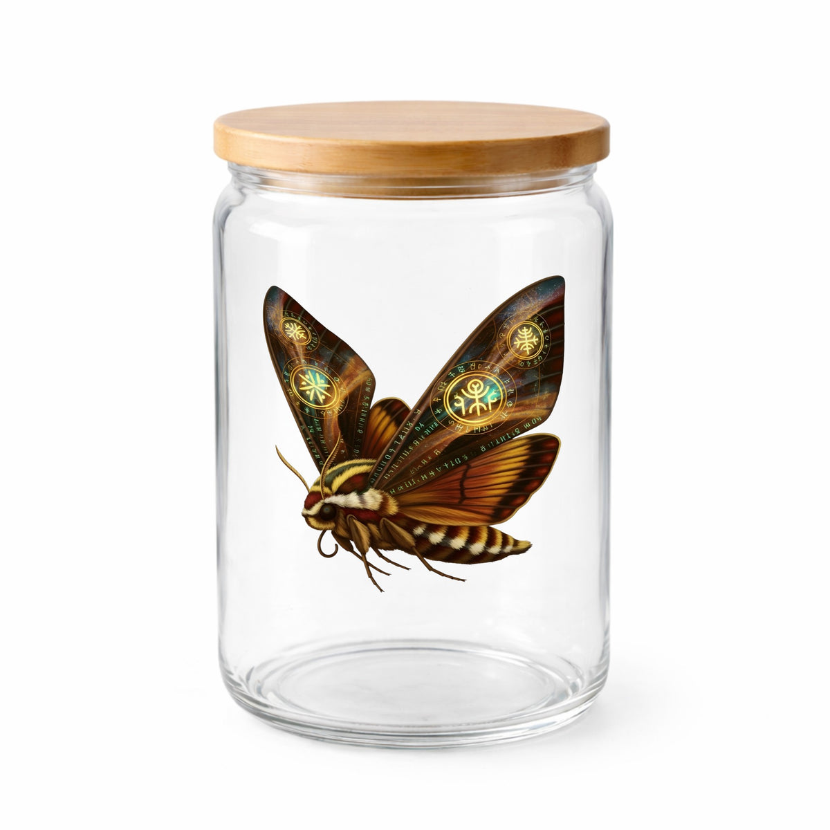 Brown Hawk Moth Glowing Runes UV DTF sticker applied to a clear glass jar with a wooden lid