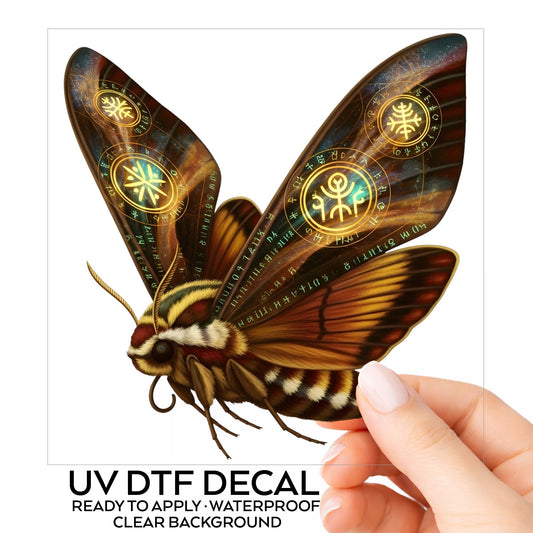 Brown Hawk Moth Glowing Runes UV DTF sticker on its backing card, held in hand