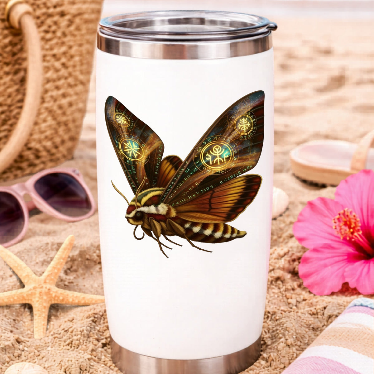Brown Hawk Moth Glowing Runes UV DTF sticker applied to a white travel tumbler on beach sand