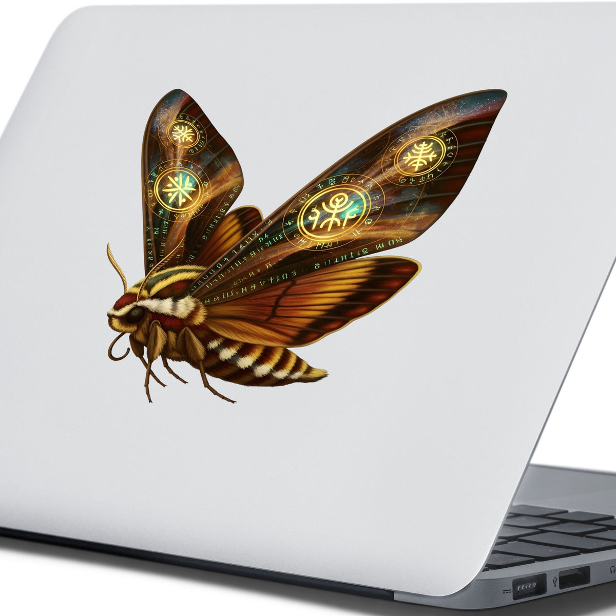 Brown Hawk Moth Glowing Runes UV DTF sticker applied to the lid of a silver laptop