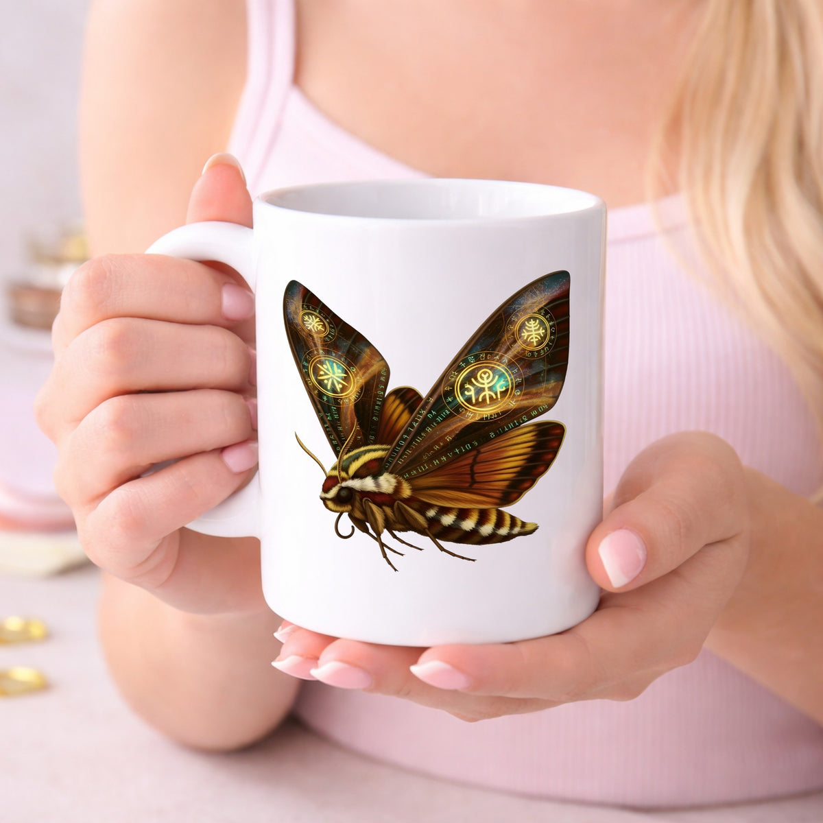Brown Hawk Moth Glowing Runes UV DTF sticker applied to a white coffee mug held in both hands