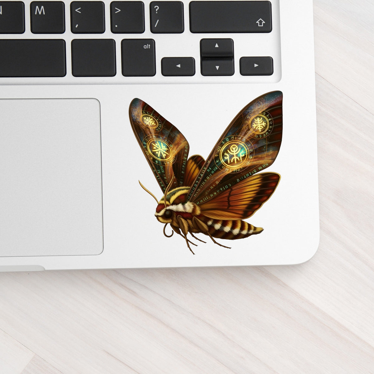 Brown Hawk Moth Glowing Runes UV DTF sticker applied to a silver laptop beside the keyboard