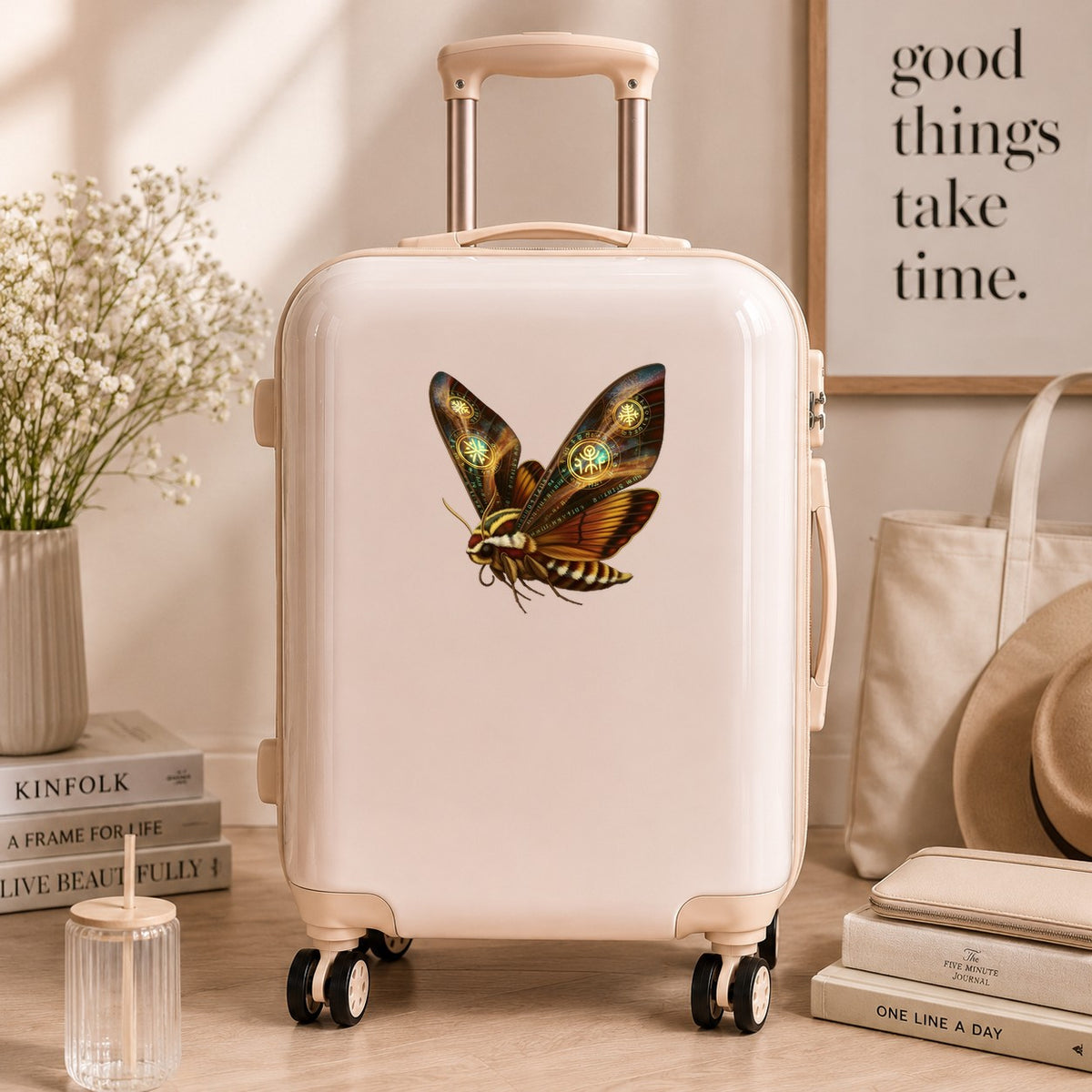 Brown Hawk Moth Glowing Runes UV DTF sticker applied to a cream carry-on suitcase