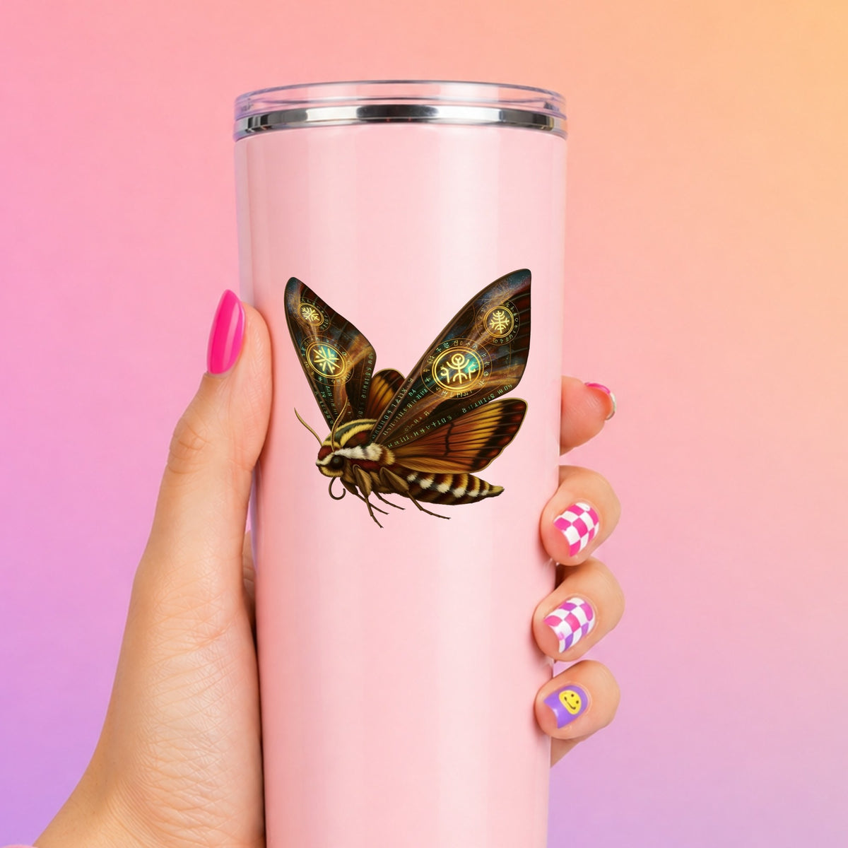 Brown Hawk Moth Glowing Runes UV DTF sticker applied to a tall pink tumbler on a pink and orange background
