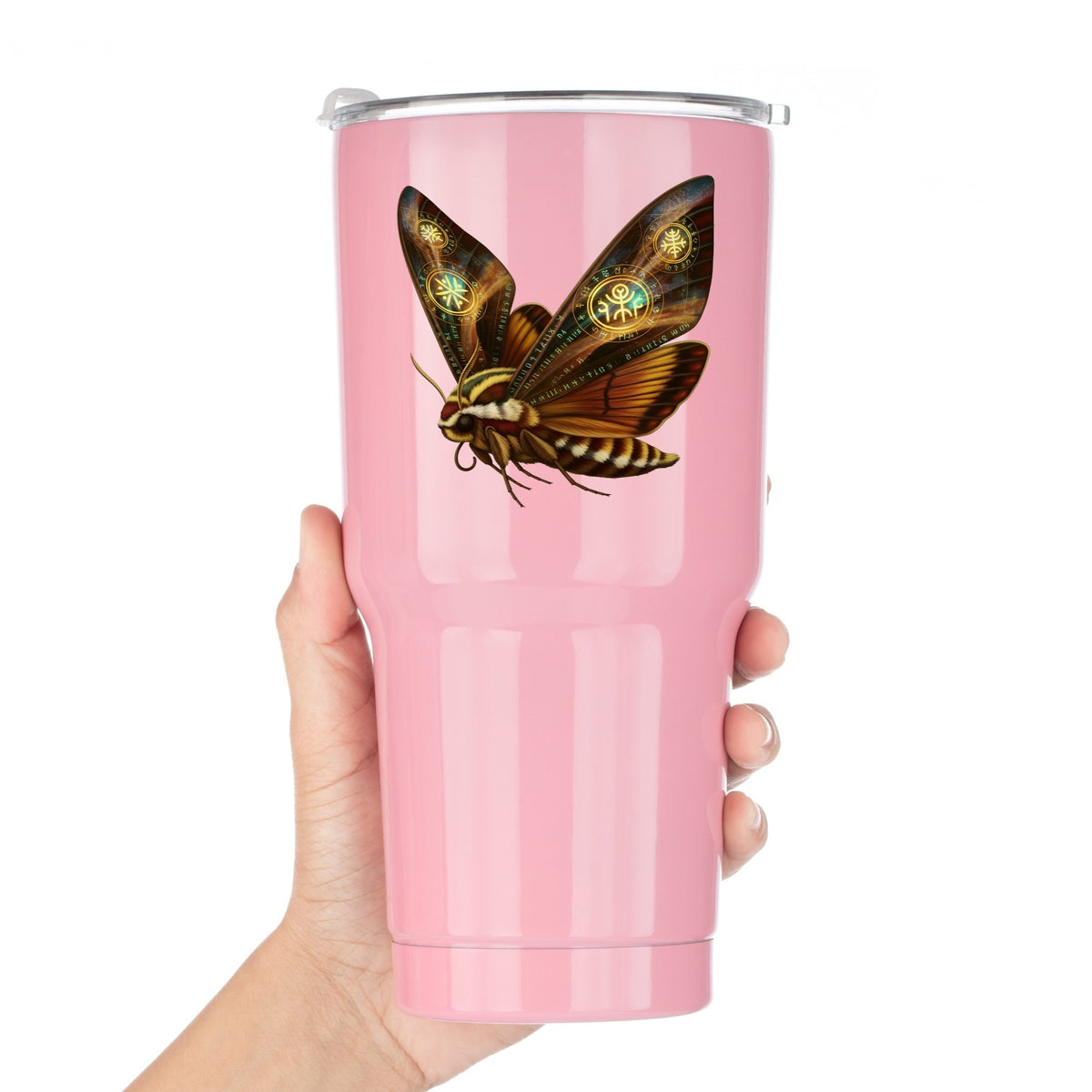 Brown Hawk Moth Glowing Runes UV DTF sticker applied to a pink tumbler held against a white background