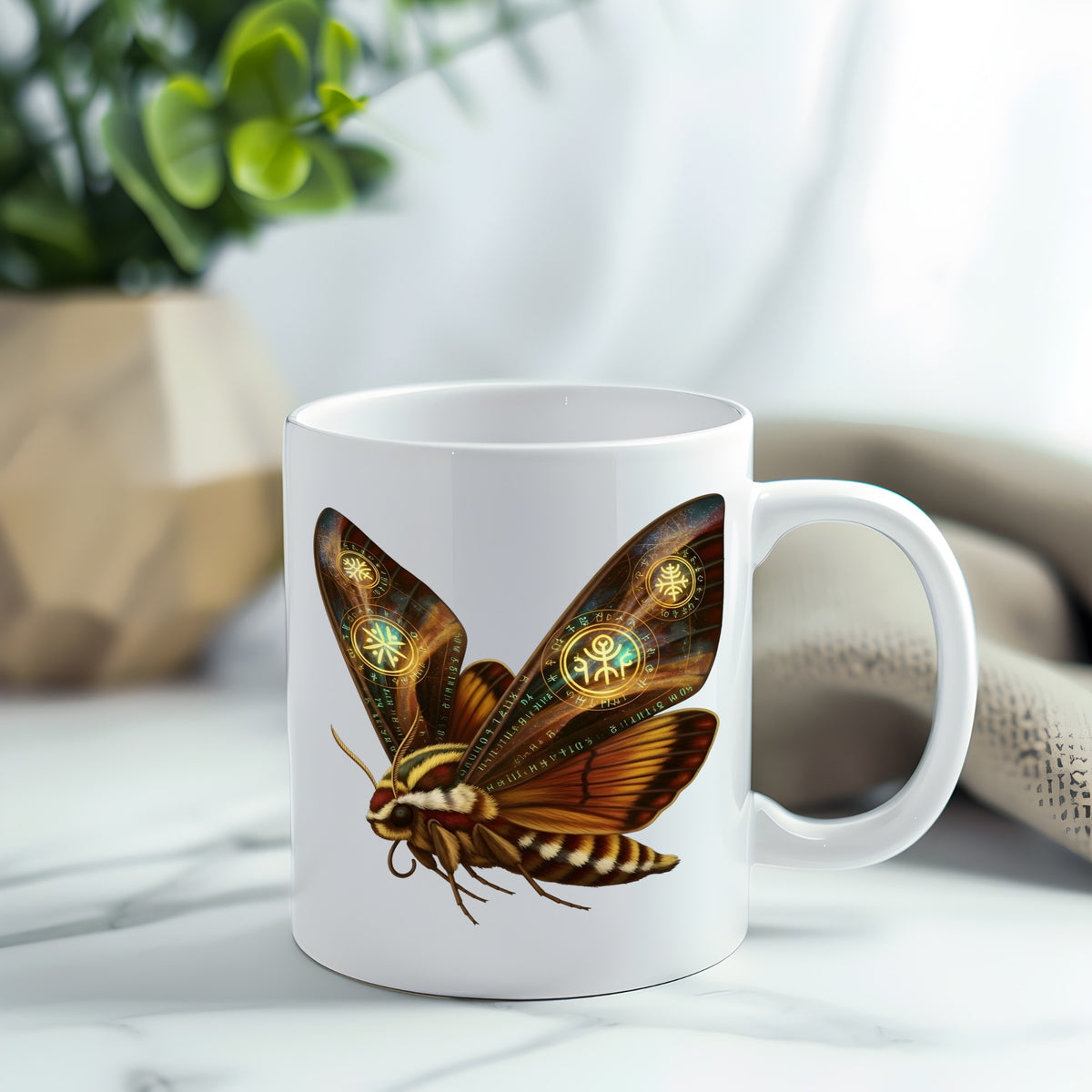 Brown Hawk Moth Glowing Runes UV DTF sticker applied to a white coffee mug