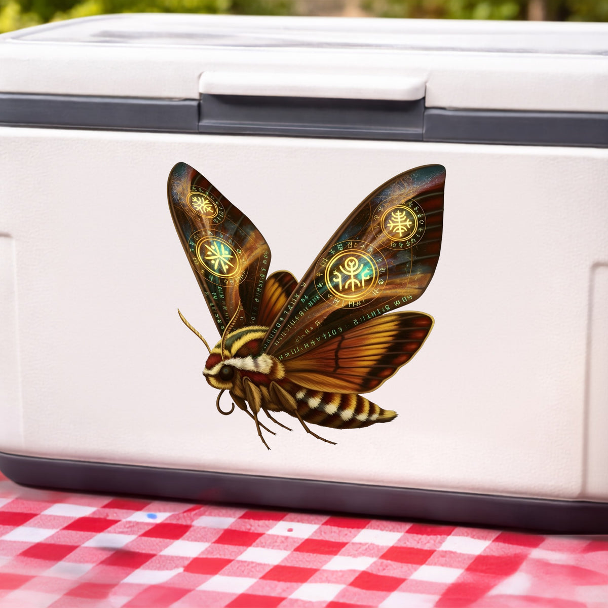 Brown Hawk Moth Glowing Runes UV DTF sticker applied to a white cooler on a red gingham cloth