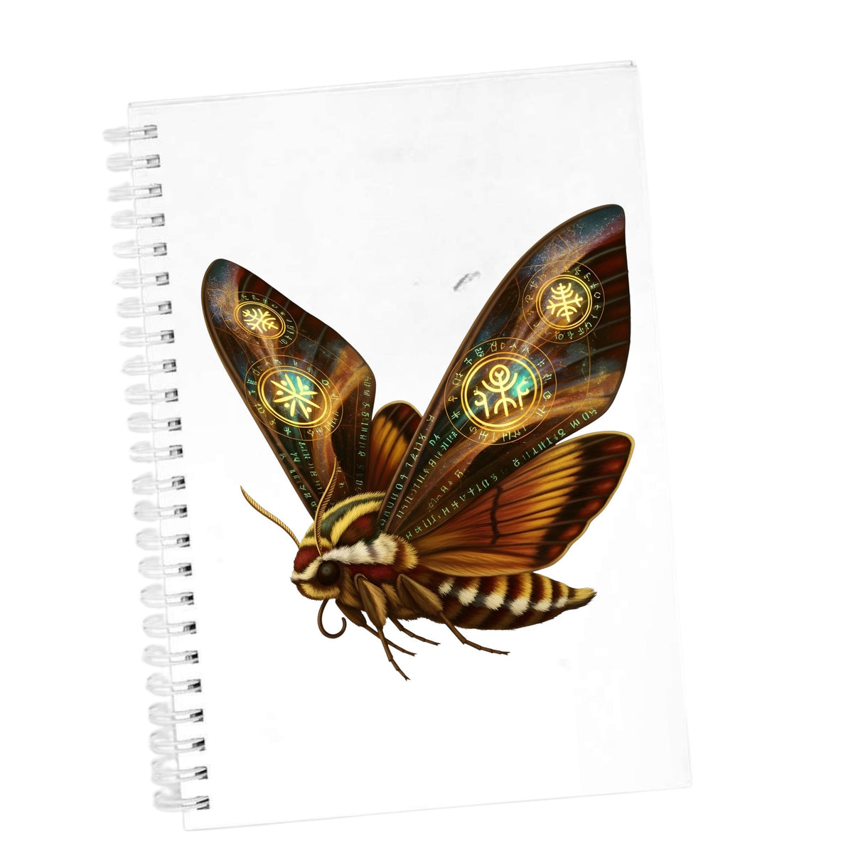 Brown Hawk Moth Glowing Runes UV DTF sticker applied to the cover of a white spiral journal