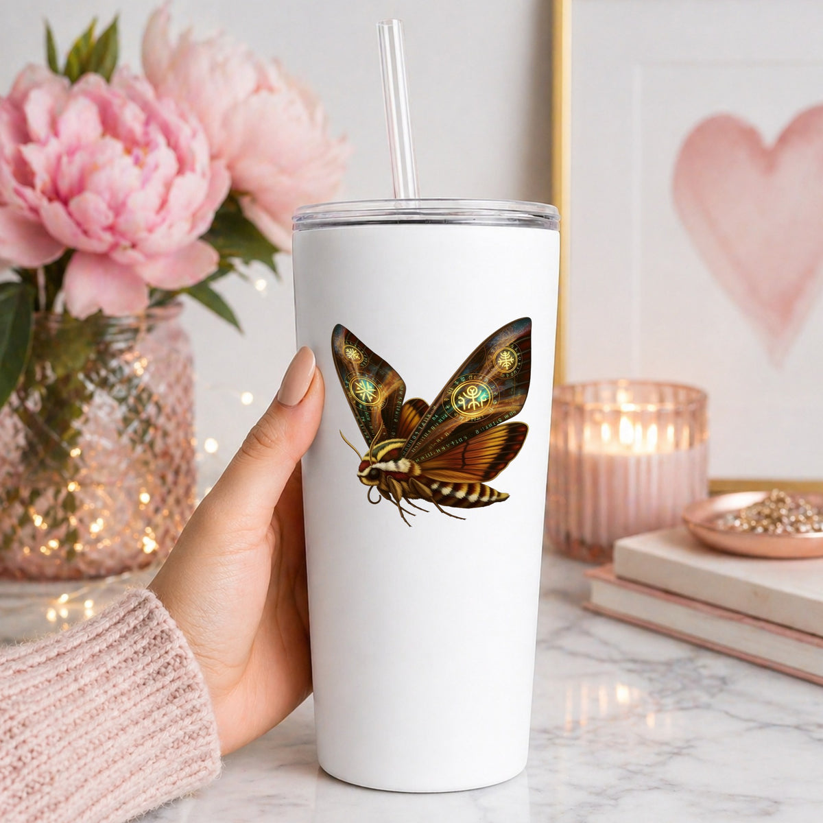 Brown Hawk Moth Glowing Runes UV DTF sticker applied to a white straw tumbler beside pink peonies