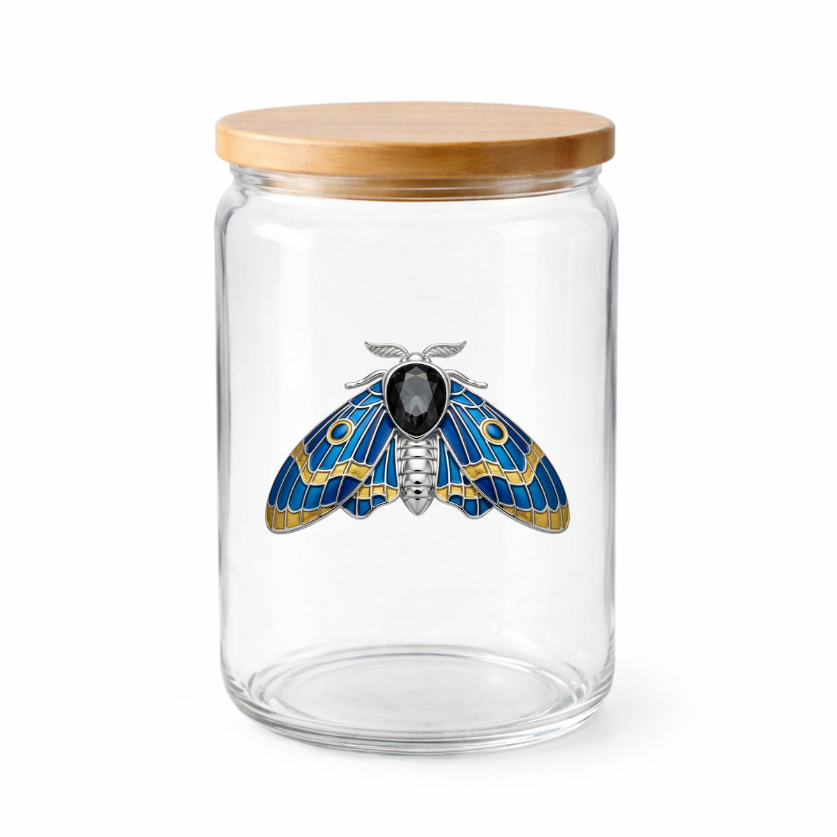 Silver Blue Enamel Moth UV DTF sticker applied to a clear glass jar with a wooden lid