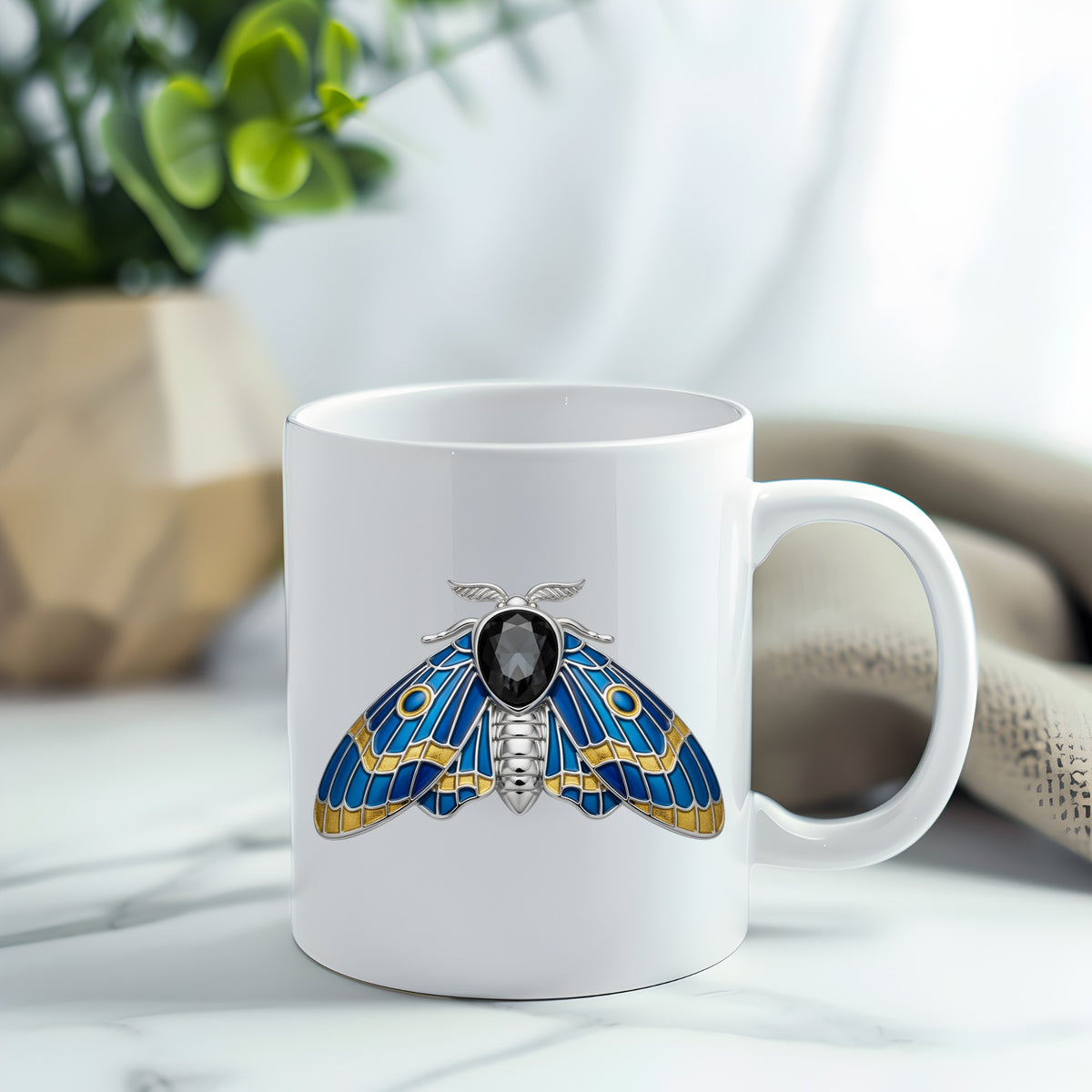 Silver Blue Enamel Moth UV DTF sticker applied to a white coffee mug