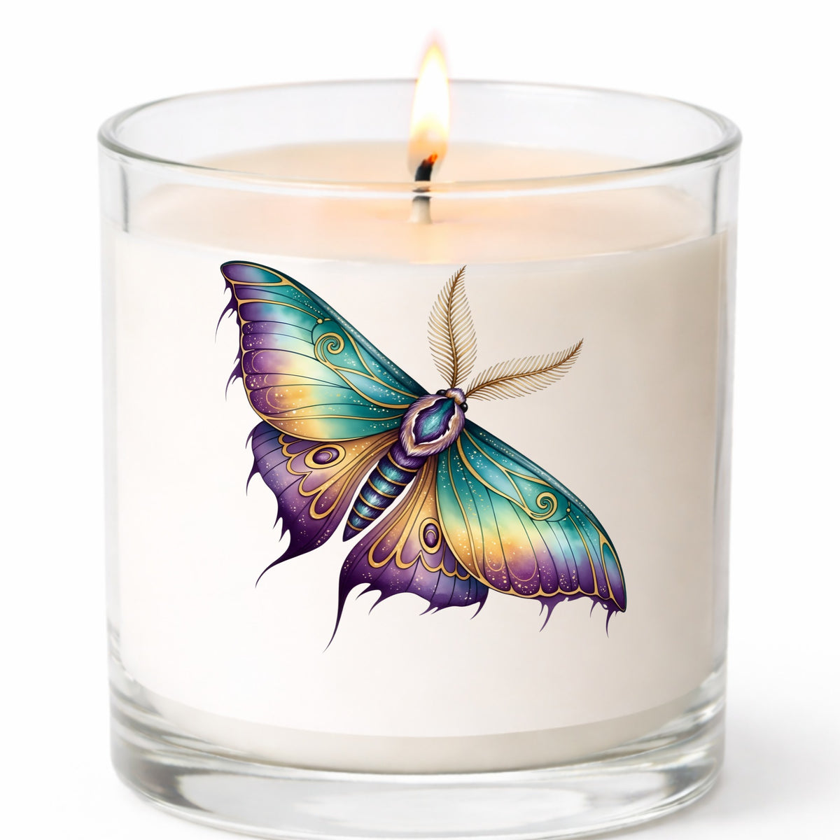 Watercolor Purple Teal Moth UV DTF sticker applied to a white candle in a clear glass jar