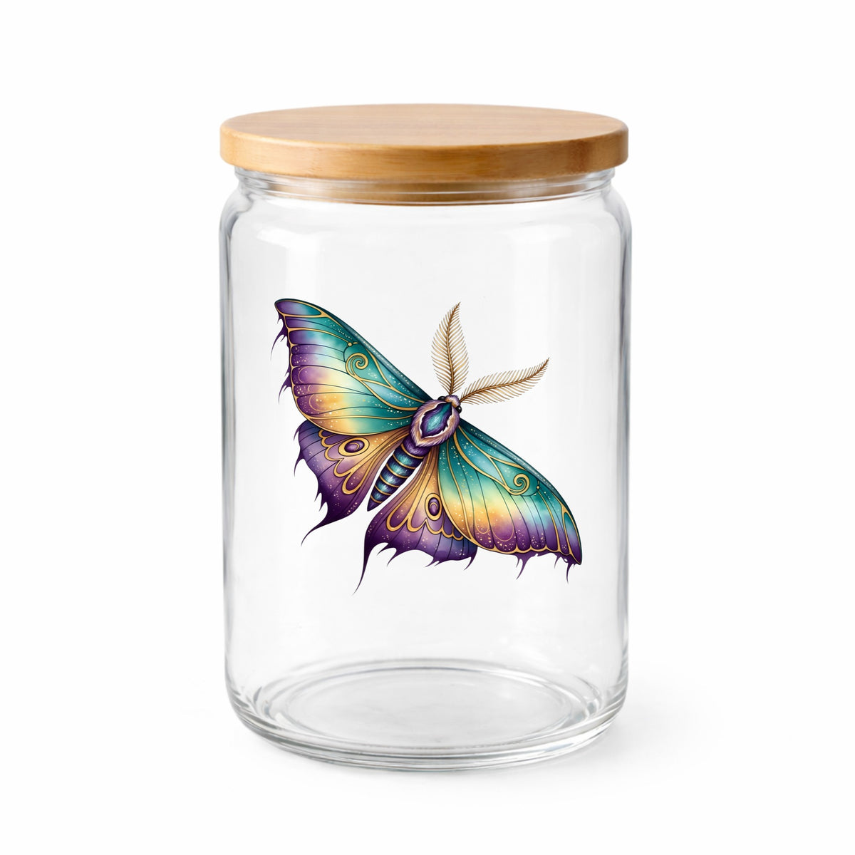 Watercolor Purple Teal Moth UV DTF sticker applied to a clear glass jar with a wooden lid