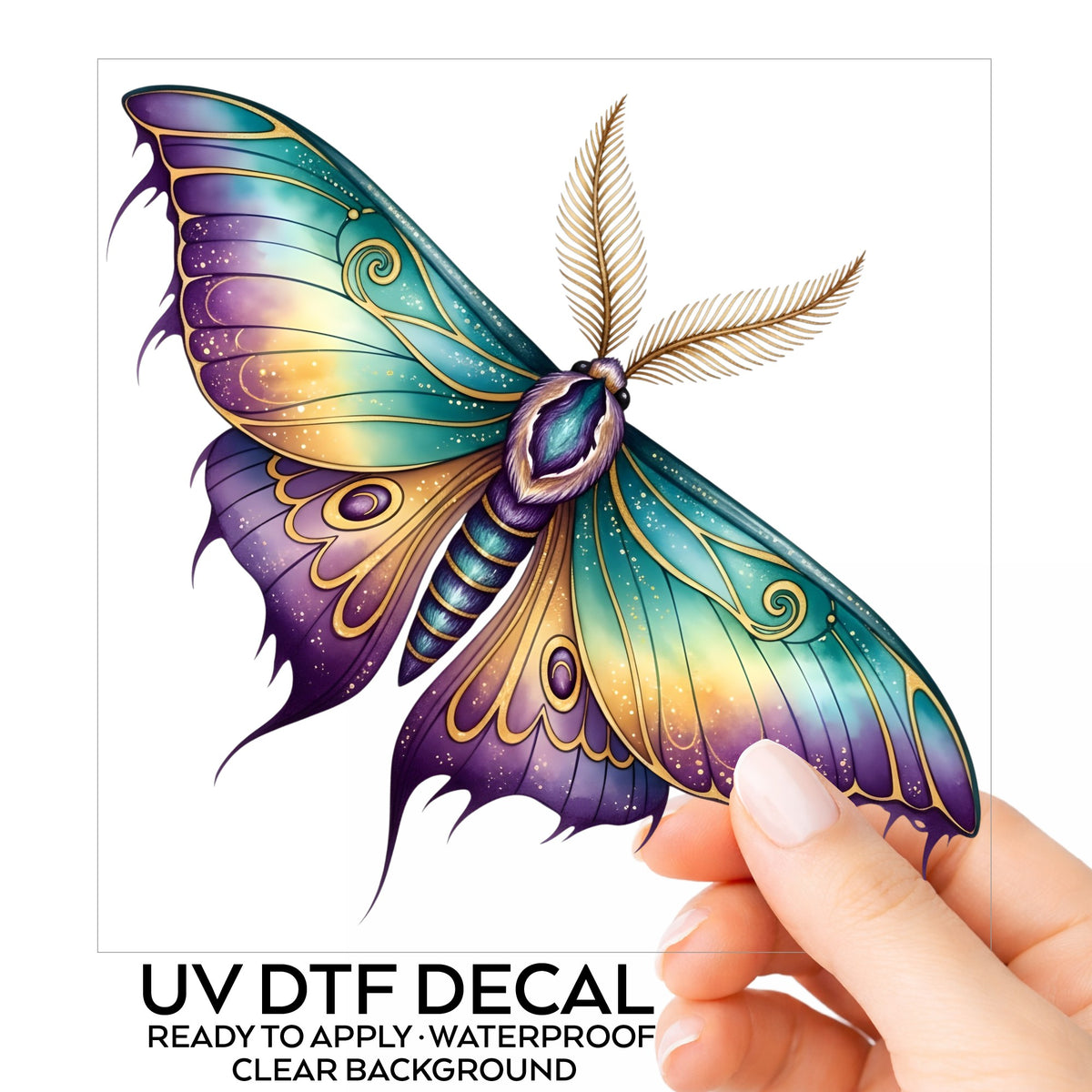 Watercolor Purple Teal Moth UV DTF sticker on its backing card, held in hand