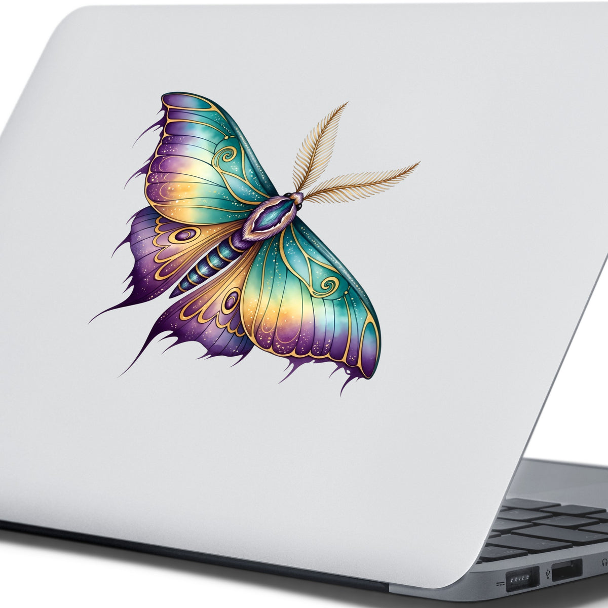 Watercolor Purple Teal Moth UV DTF sticker applied to the lid of a silver laptop